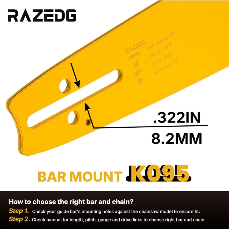 RazEdg 20 Inch Chainsaw Bar and Carbide Chain Combo for Husqvarna, 3/8" Pitch, 050" Gauge, 72 Drive Links Fits Husqvarna 455, 455 Rancher 460 Rancher 570, Poulan PP5020AV PR5020 and More - Image 3